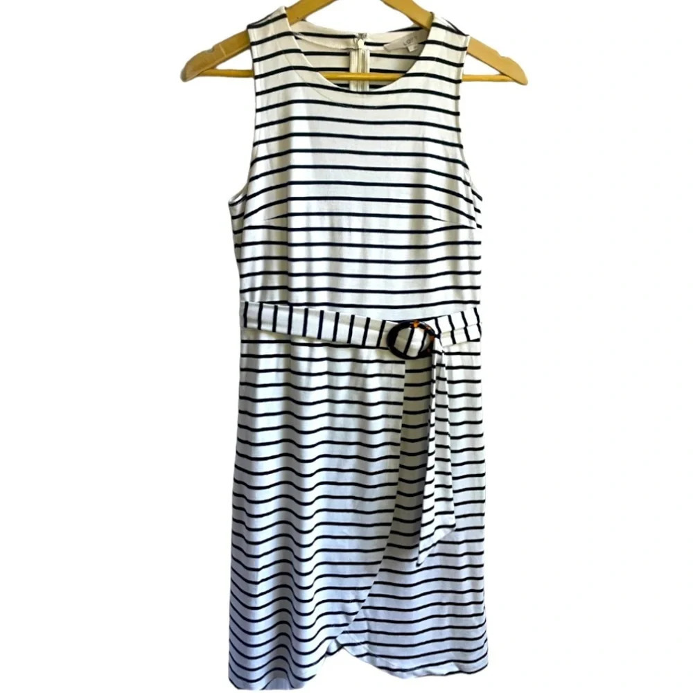 LOFT White & Navy Striped Sleeveless A-Line Belted Mini Dress, 2